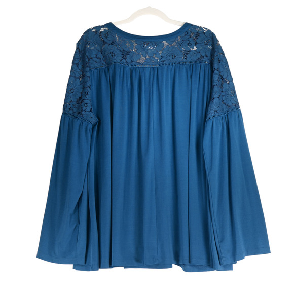 Lane Bryant Blue Knit Tunic Top Women 3X Stretch Crochet Boho Bell Sleeve V Neck - Picture 6 of 9